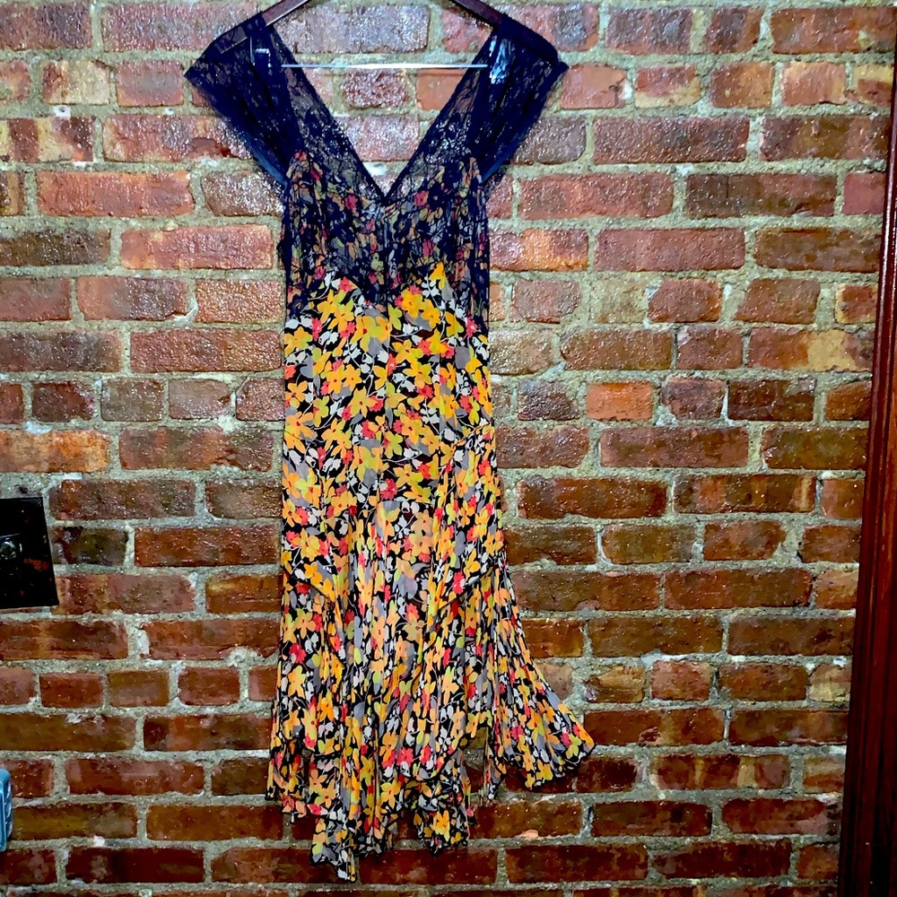 FreePeople FPOne boho dress Autumn florals and black lace. Seen in AHS Hotel! XS